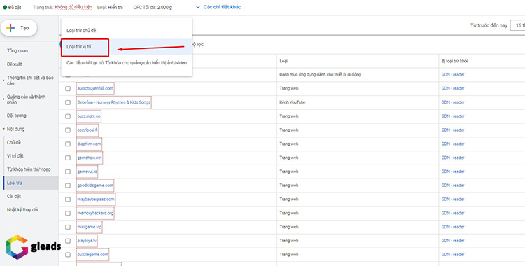 Chọn chiến dịch loại trừ vị trí