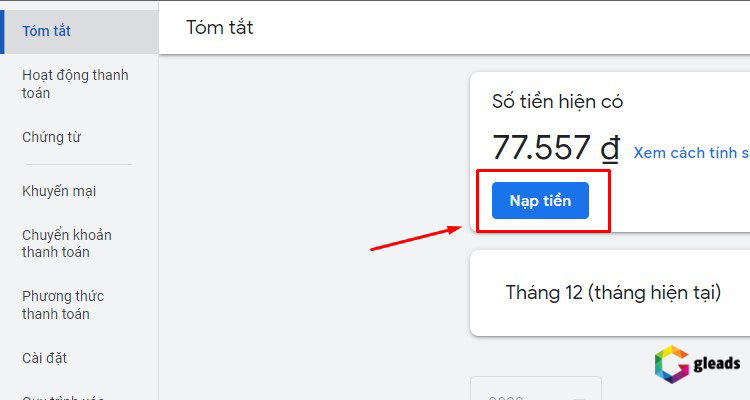 Chọn nạp tiền vào google ads