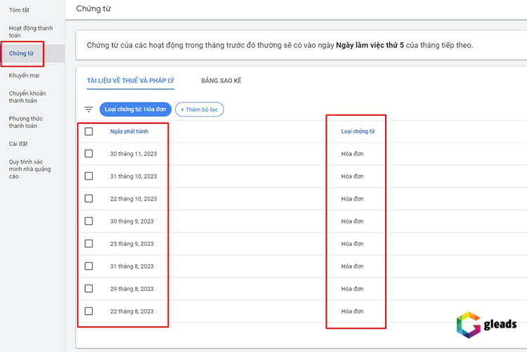 Lịch sử nạp tiền Google Ads