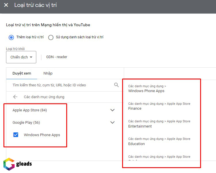 Loại trừ vị trí App Mobile
