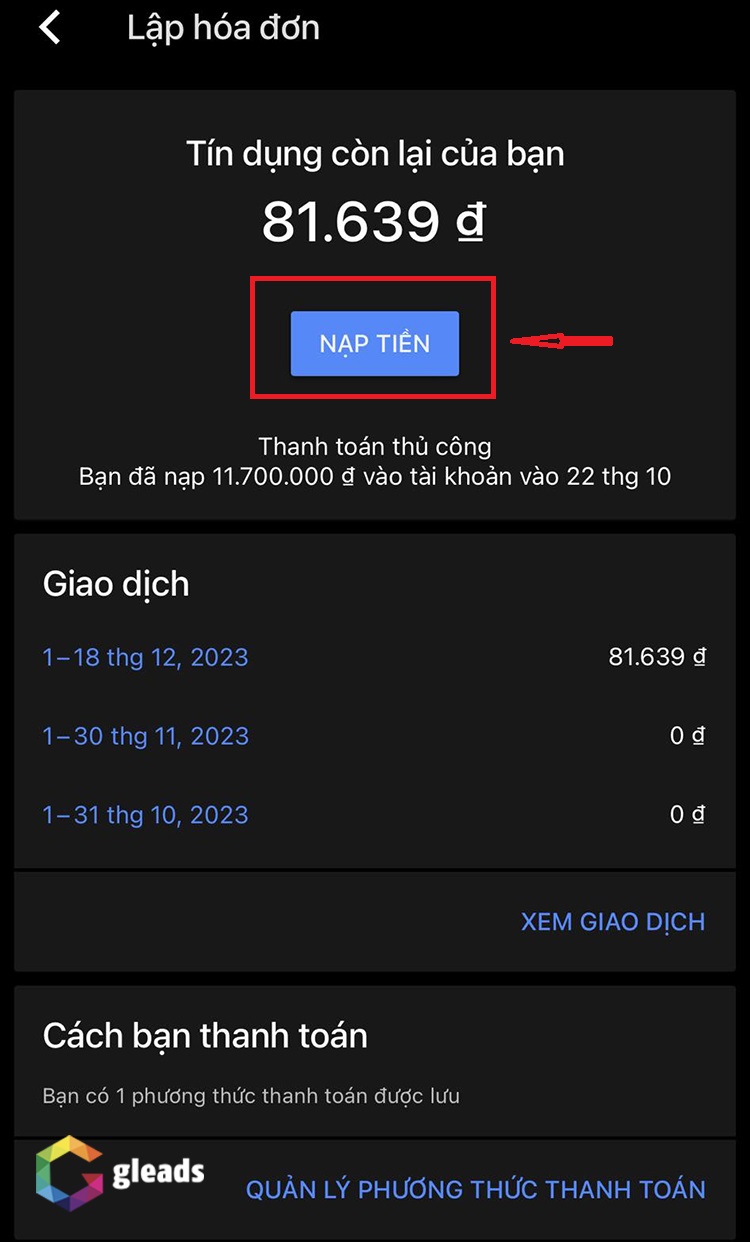 Nạp tiền vào quảng cáo Google qua app