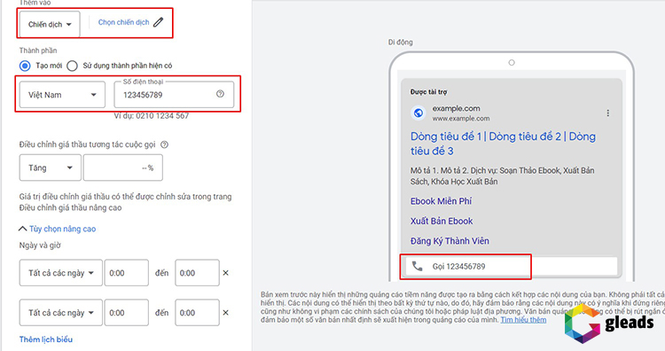 thiết lập tiện ích mở rộng cuộc gọi