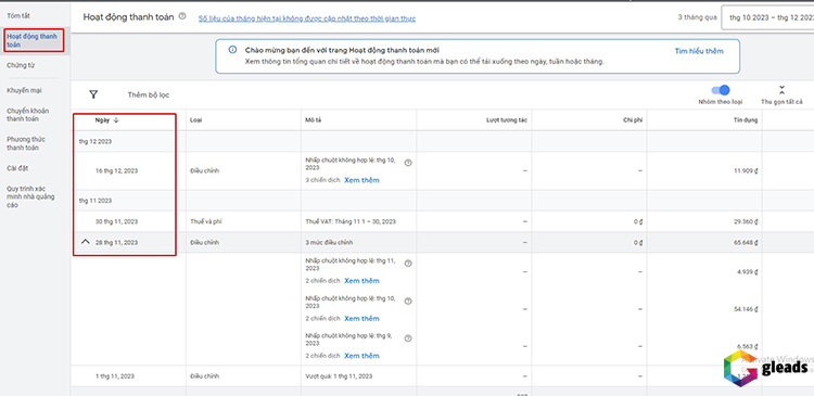 Trạng thái thanh toán Google Ads