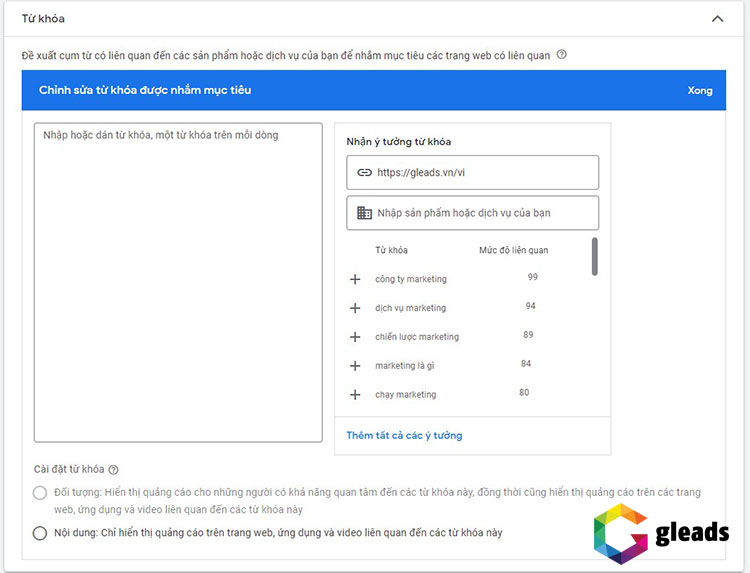 Từ khoá chiến dịch quảng cáo Remarketing