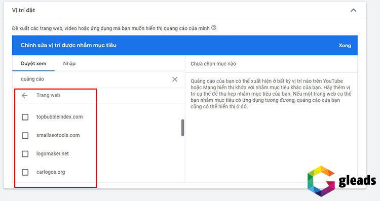 Vị trí đặt chiến dịch Remarketing