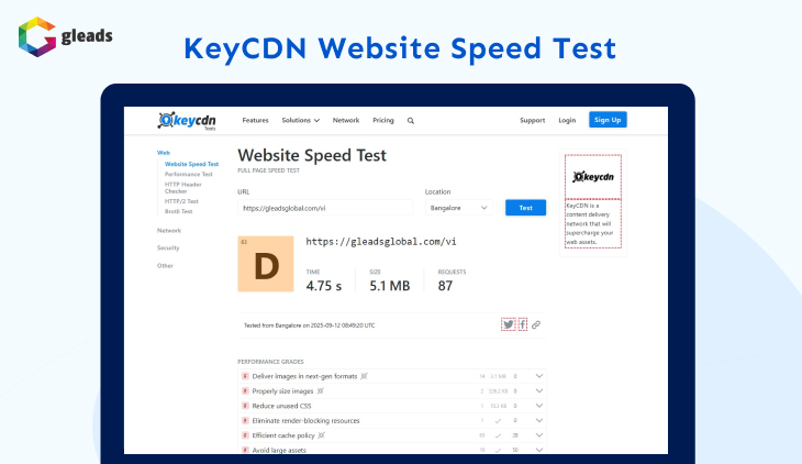 Đo tốc độ website bằng KeyCDN website Speed Test
